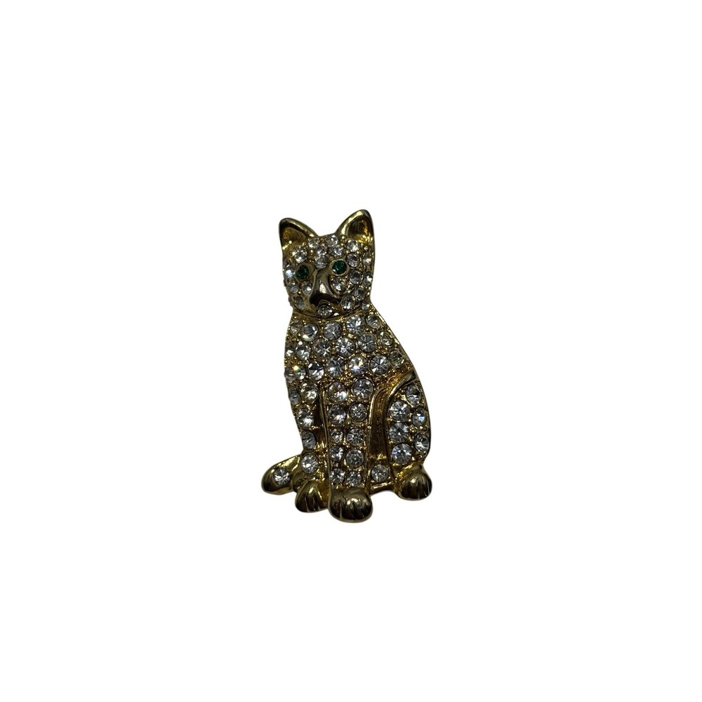 Vintage Gold Tone Rhinestone Green Eyed Sitting Kitty Cat Kitten Brooch Pin